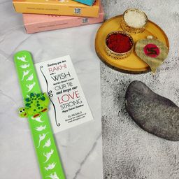 EL REGALO Kids Dinosaur Design Slap Band Rakhi With Roli Chawl & Card Gift Set-image-61