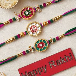 eCraftIndia Set of 3 Kundan-Studded Rakhis with Roli & Chawal-picture-19