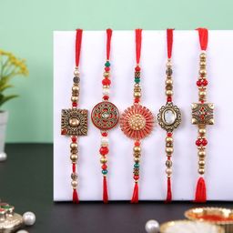 Aapno Rajasthan Set of 5 Beaded Thread Rakhis with Roli Chawal & Greetings Card-image-13