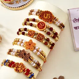 CraftVatika Set of 6 Beaded Thread Rakhi with Greeting Card-87