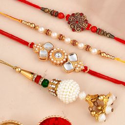 CraftVatika Set Of 4 Beaded Rakhis With Greeting Card-83