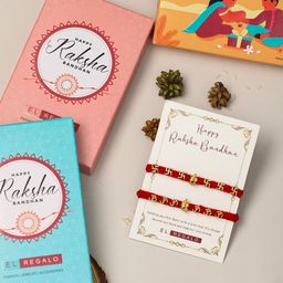 EL REGALO Set Of 2 Ganesha, Om & Sathi Thread Rakhi With Roli Chawal & Greeting Card-image-96