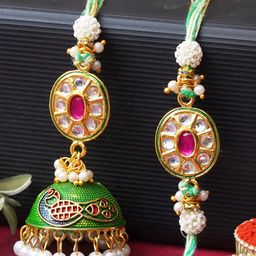eCraftIndia Set of 2 Kundan Studded Rakhis with Roli & Chawal-image-51
