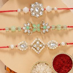 KARATCART Set of 3 Floral Pearl & Kundan Rakhis with Roli & Chawal-image-57