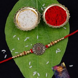 Silver Shine Unisex Set Of 2 Rakhi With Greeting Card & Roli Chawal-image-100