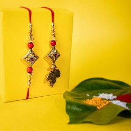 PANASH Set Of 2 Gold-Plated Kundan Embellished Bhaiya Bhabhi Rakhis with Roli Chawal-image-7