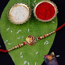 Silver Shine Unisex Set Of 2 Om & Bada Chai Charm Thread Rakhi & Greeting Card Roli & Rice-image-30