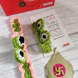 EL REGALO Kids Baby Set of 2 Pink Green Rakhi with Roli Chawal Card-11