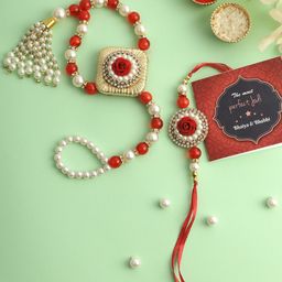 TIED RIBBONS Set of 2 Bracelet Rakhi for Bhaiya Bhabhi, Card & Roli Chawal Combo-image-94
