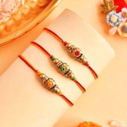 Anouk Set Of 3 Gold-Toned Beaded Rakhi With Roli Rice & Greeting Card-image-12