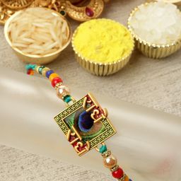 ZENEME Artificial Stones & Beads-Studded Tie-Up Rakhi with Roli Chawal & Greeting Card-image-18