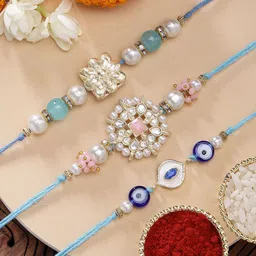 KARATCART Set of 3 Meenakari Evil Eye Kundan Rakhis with Roli & Chawal-image-28