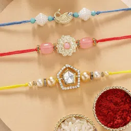 KARATCART Set of 3 Polki Kundan Rakhis with Roli & Chawal-image-3