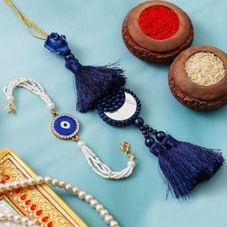 eCraftIndia Set Of 2 Evil Eye Pearls Bhaiya Bhabhi Rakhi With Roli Chawal-12
