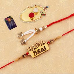 Silver Shine Unisex Set Of 2 Rakhi Gift Set With Pooja Thali Roli Chawal And Greeting Card-image-103