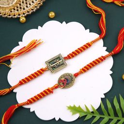 Aapno Rajasthan Set Of 2 Om & Krishna Enameled Rakhi With Roli Chawal & Greetings Card-53