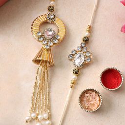 PANASH Set Of 2 Gold Plated Beaded With Stone Studded Thread Rakhis With Roli Chawal-picture-40