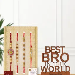 eCraftIndia Unisex Set of 4 Pearl Rakhis with Roli Chawal Card & Wooden Showpiece Gift-image-31
