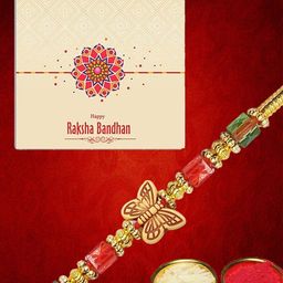 Anouk Butterfly Charm Beaded Rakhi Greeting Card & Roli Chawal Card Brother Gift Set-image-18