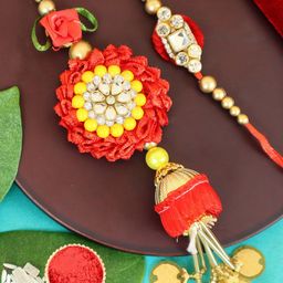TIED RIBBONS Maroon Bhaiya Bhabhi Floral Lumba Rakhi with Card & Roli Chawal Gift Set-image-43