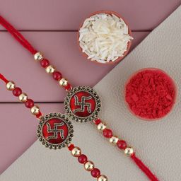 LUCKY JEWELLERY Set Of 2 Swastik Charm Rakhis With Roli Chawal & Greeting Card-image-32