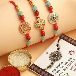 TIED RIBBONS Set of 3 Premium Kundan Rakhi with Card & Roli Chawal-image-26