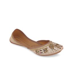 Fulkari Women Beige Embellished Leather Ethnic Mojaris Flats-53