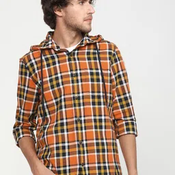 HIGHLANDER Men Orange & Black Slim Fit Cotton Checked Casual Shirt-image-48
