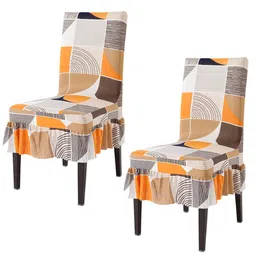 HOKIPO Brown & Orange 2 Pieces Geometric Printed Stretchable Frill Chair Covers-image-44