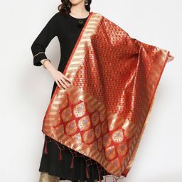 Dupatta Bazaar Red & Gold-Toned Ethnic Motifs Woven Design Banarasi Silk Dupatta-47