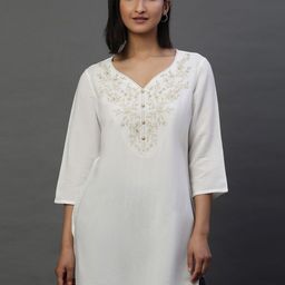 AURELIA Floral Embroidered V-Neck Straight Kurti-image-26