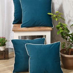 Clasiko Teal & White 4 Pieces Velvet Square Cushion Covers-image-76