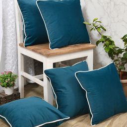 Clasiko Teal & White 5 Pieces Velvet Square Cushion Covers-image-67
