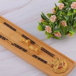 Anouk Gold-Plated Stone-Studded & Black Beaded Mangalsutra With Earrings-image-48