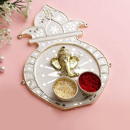 Aapno Rajasthan Silver-Toned & Gold-Toned Kalash Shape Roli Chawal Thali-15