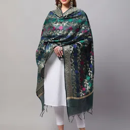 LOOM LEGACY Floral Woven Design Zari Work Cotton Silk Dupatta With Fringed Border-20