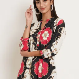 IX IMPRESSION Black Floral Print Mandarin Collar Top-image-28