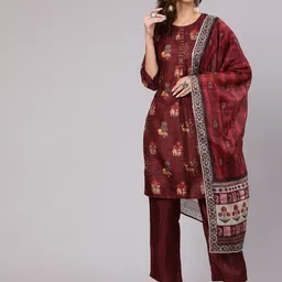 Jaipur Kurti Women Maroon Floral Printed Kurta with Trousers & With Dupatta-image-55
