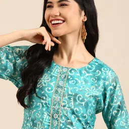 SHOWOFF Women Turquoise Blue Ethnic Motifs Printed Beads and Stones Silk Crepe Kurta with Trousers-picture-21
