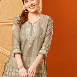ADA Ethnic Motifs Embroidered Thread Work Chanderi Straight Kurti-picture-58
