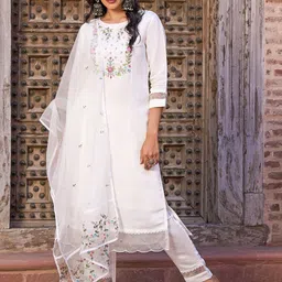 HERE&NOW Women Floral Yoke Design Regular Thread Work Chanderi Silk Kurta with Trousers & With Dupatta-image-40