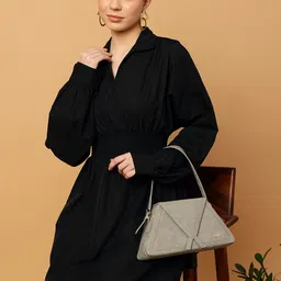 MINT STREET Shirt Collar Cuffed Sleeve Smocked & Gathered Pure Cotton Fit & Flare Dress-picture-34