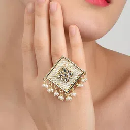 Zaveri Pearls Gold-Plated & White Kundan-Studded Adjustable Finger Ring-image-27