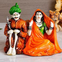 eCraftIndia Unisex Green & Orange Handcrafted Sitting Rajasthani Couple Showpiece-image-61
