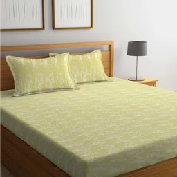 KLOTTHE Yellow & Beige Conversational 400 TC Pure Cotton King Bedsheet & 2 Pillow Covers-image-88