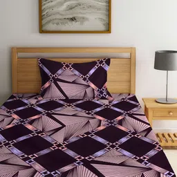 Arrabi Brown & Purple Geometric Printed 300 TC Fitted Single Bedsheet & Pillow Cover-54