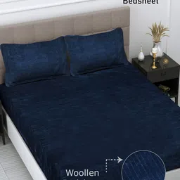 FABINALIV Navy Blue Striped Woollen 300 TC King Bedsheet With 2 Pillow Covers-image-10