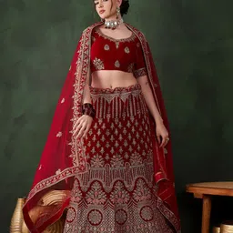 Sangria Embroidered Velvet Flared Lehenga & Unstitched Choli With Dupatta-image-60