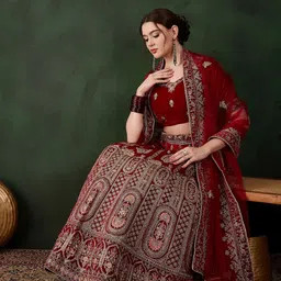 Sangria Embroidered Velvet Flared Lehenga & Unstitched Choli With Dupatta-19