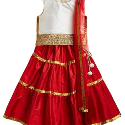 A T U N Girls Off White & Red Ready to Wear Lehenga & Blouse With Dupatta-picture-9